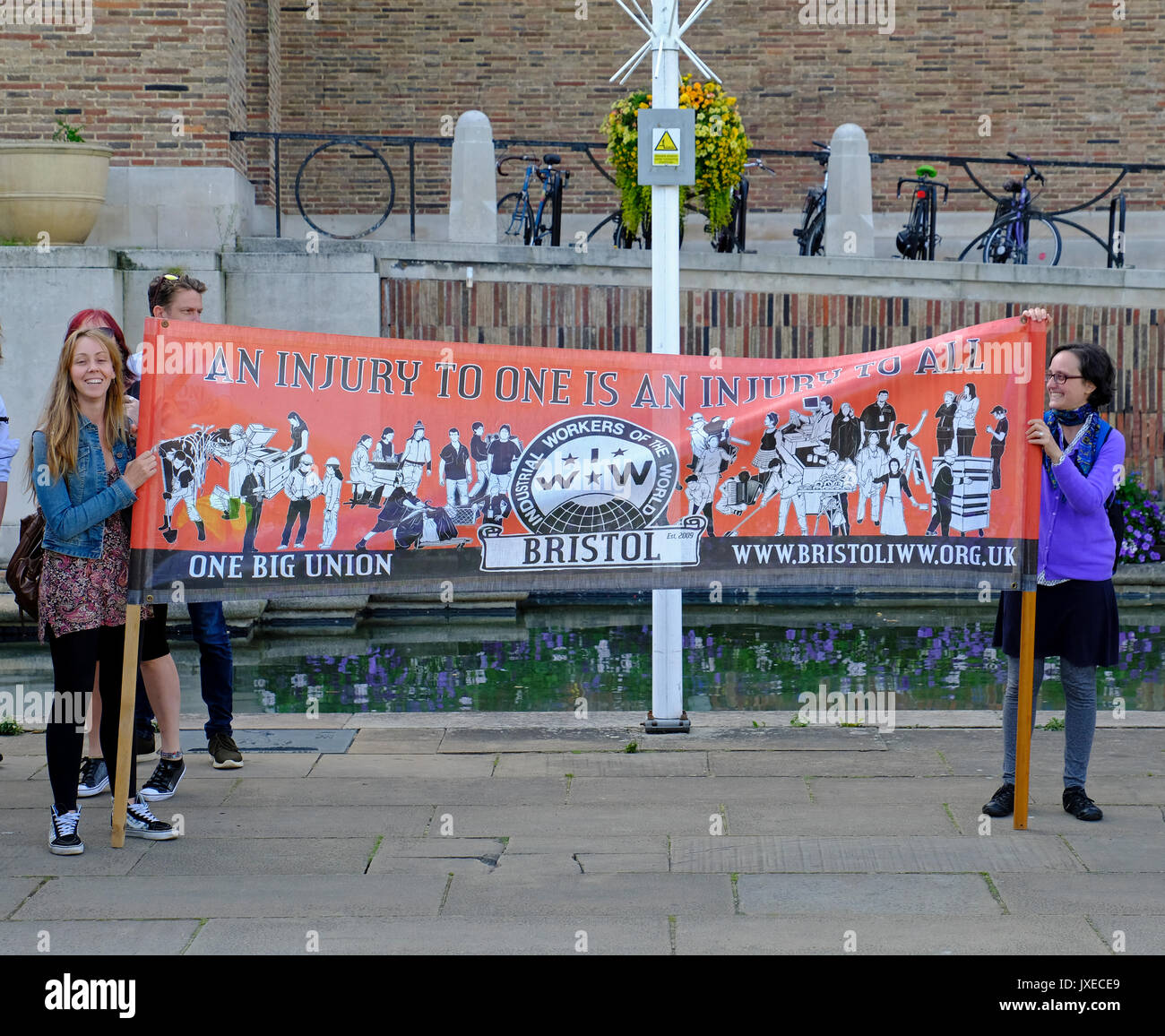 Bristol, UK. 15th August, 2017. Members of the Industrial Workers of the World at a vigil to mark the death of Heather Heyer, who was killed while attending an anti-fascist demonstration in Charlottesville, Virginia, USA. Keith Ramsey/Alamy Live News Stock Photo
