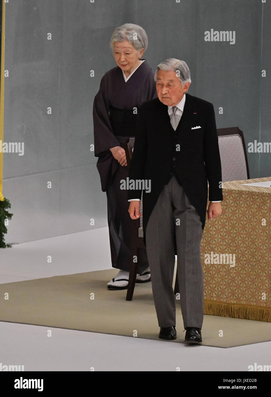 Japan's Emperor Akihito and Empress Michiko attend the memorial service for the war dead of World War II on the 72nd anniversary of the end of the War at Nippon Budokan in Tokyo, Japan on August 15, 2017. Credit: AFLO/Alamy Live News Stock Photo