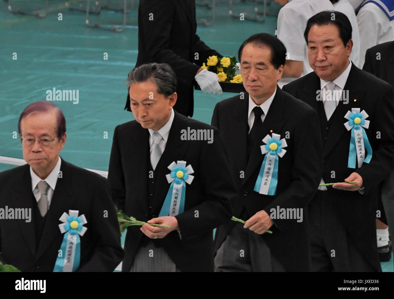 Former Japan's Prime MinisterYasuo Fukuda, Yukio Hatoyama, Naoto Kan and Yoshihiko Noda attend the memorial service for the war dead of World War II on the 72nd anniversary of the end of the War at Nippon Budokan in Tokyo, Japan on August 15, 2017. Credit: AFLO/Alamy Live News Stock Photo