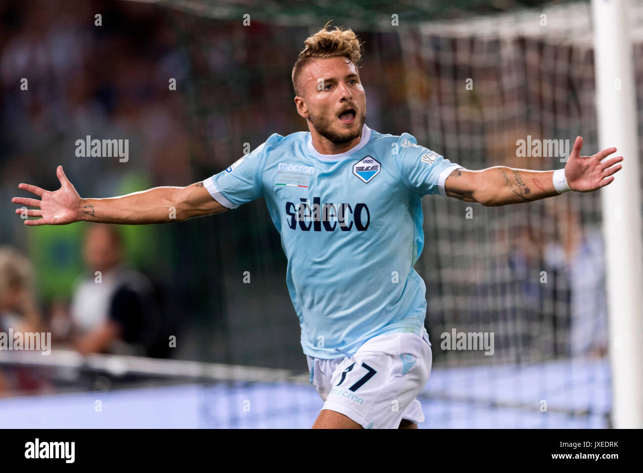 Rome, Italy. 13th Aug, 2017. Ciro Immobile (Lazio) Football/Soccer : Ciro Immobile of Lazio celebrates after scoring the opening goal from the penalty spot during the Italian Super Cup (Supercoppa Italiana) match between Juventus 2-3 SS Lazio at Stadio Olimpico in Rome, Italy . Credit: Maurizio Borsari/AFLO/Alamy Live News Stock Photo