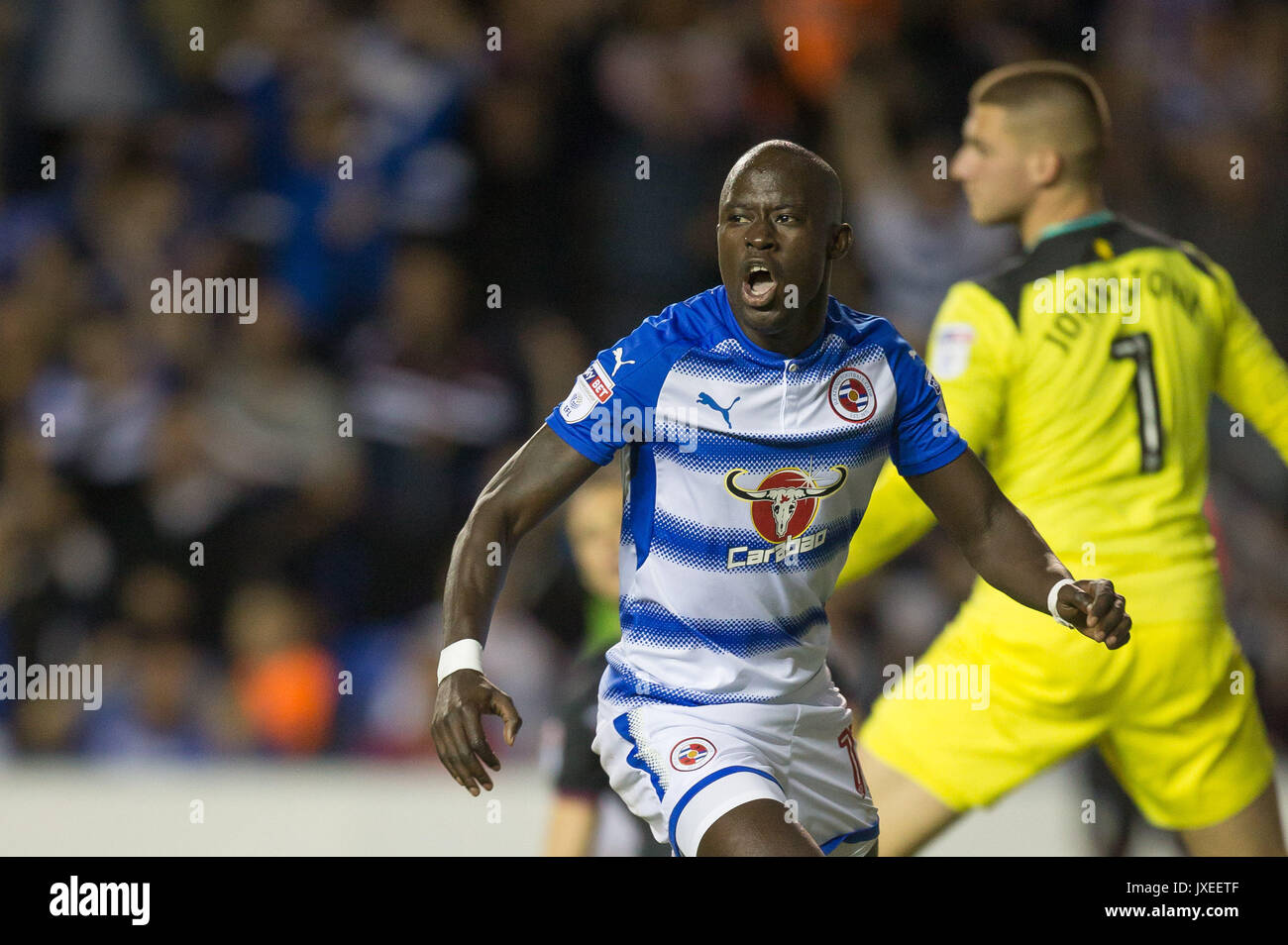 Reading, UK. 15th Aug, 2017. Modou Barrow of Reading celebrates scoring the winning goal during the Sky Bet Championship match between Reading and Aston Villa at the Madejski Stadium, Reading, England on 15 August 2017. Photo by Andy Rowland / PRiME Media Images. **EDITORIAL USE ONLY FA Premier League and Football League are subject to DataCo Licence. Credit: Andrew Rowland/Alamy Live News Stock Photo