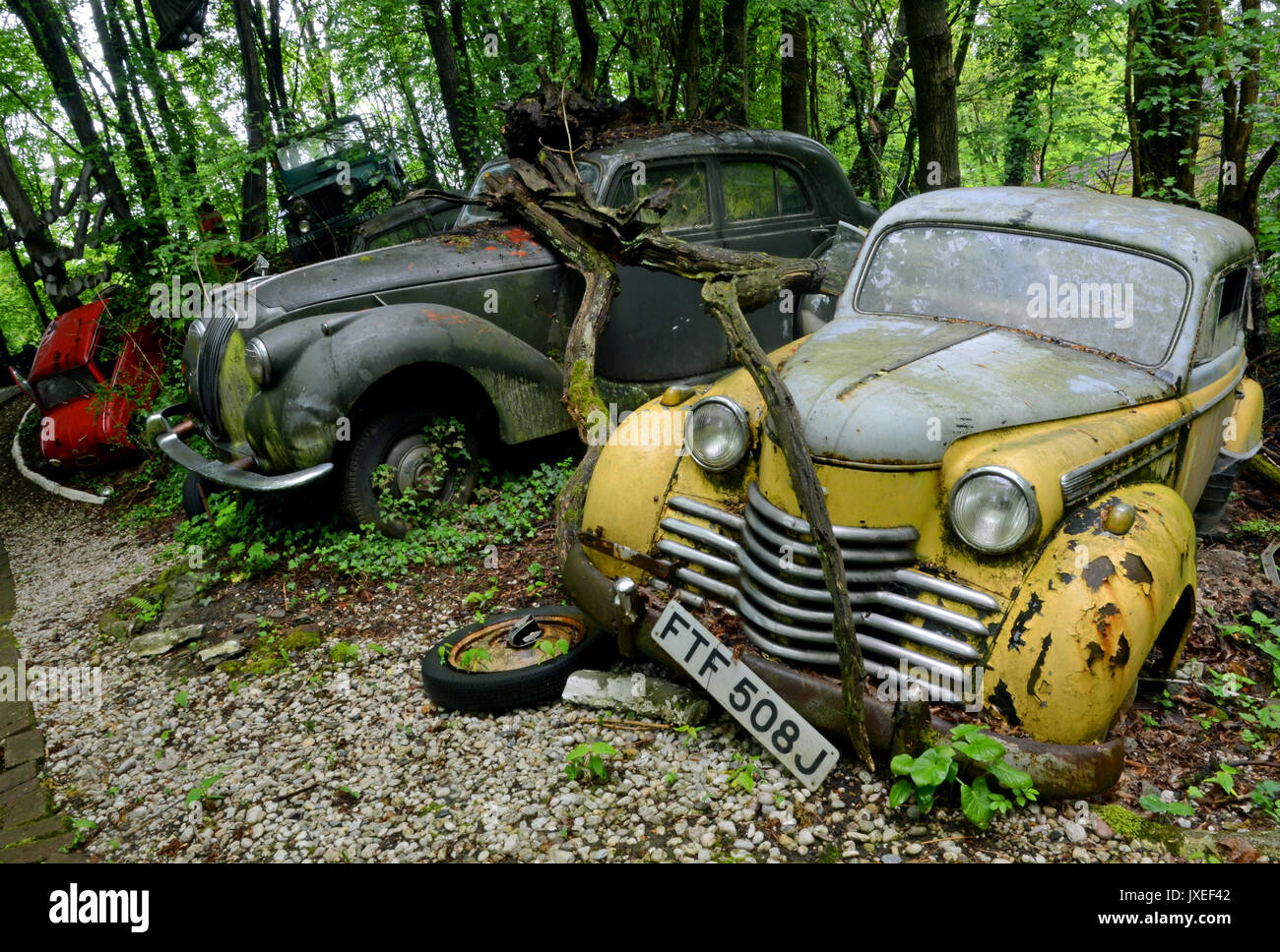 Mettmann, Germany. 27th Apr, 2014. A Jowett-Jevlin (England, L) and an  Opel-Olympia are on display in the Auto Sculpture Park operated by classic  car specialist Michael Froehlich in Mettmann, Germany, 27 April