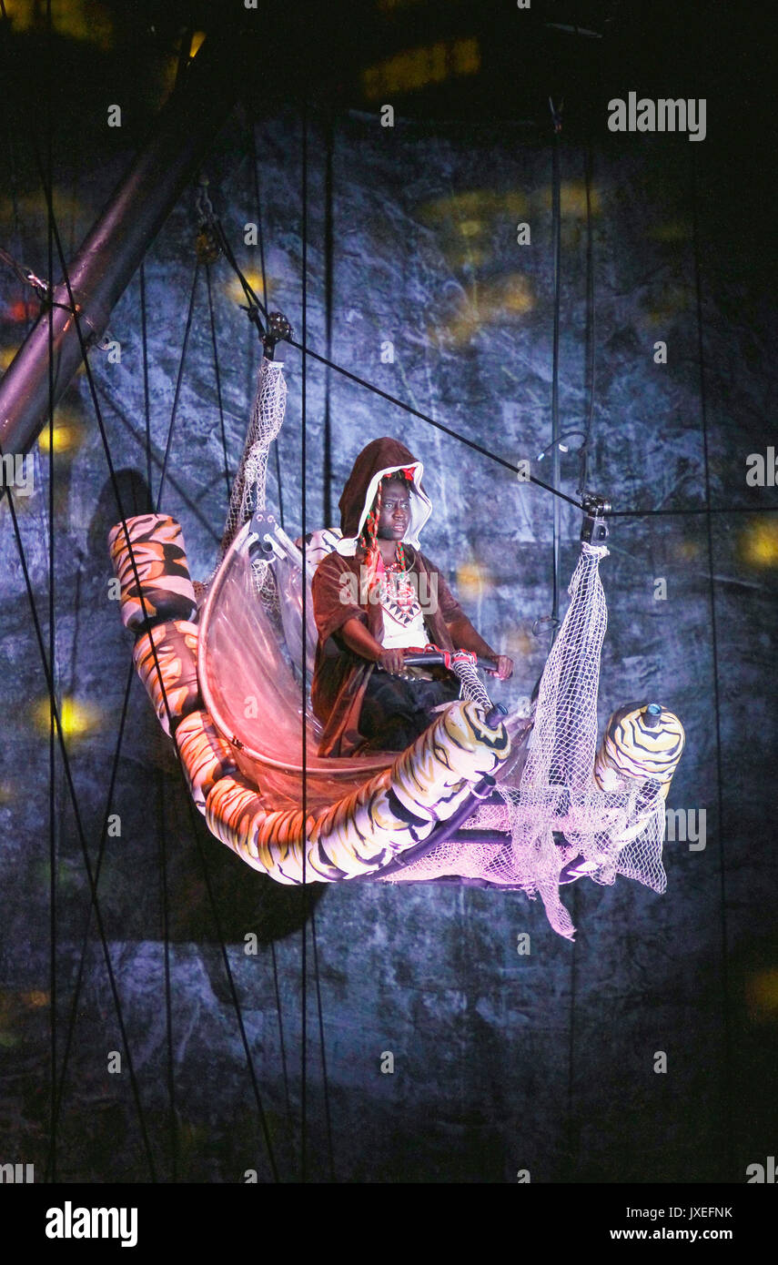 Vancouver. 15th Aug, 2017. Artists perform during the tall ship multi-media acrobatic show 'Nomadic Tempest' presented by Caravan Stage Company on a 100-ft-long vessel of a tall ship in Vancouver, Canada. Aug. 15, 2017. Credit: Liang Sen/Xinhua/Alamy Live News Stock Photo