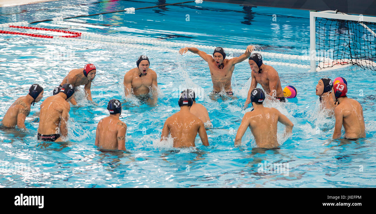 Kuala Lumpur, Malaysia. 16th Aug, 2017.  Singapore's men water polo team cheers at the beginning of the the men's water polo round robin match during the South East Asian Games in Kuala Lumpur. Singapore won 13-2 in their first match of the competition. Singapore dominates the competition, winning all 26 edition since the beginning of the South East Asian Peninsular Games in 1965. Credit: SOPA Images Limited/Alamy Live News Stock Photo