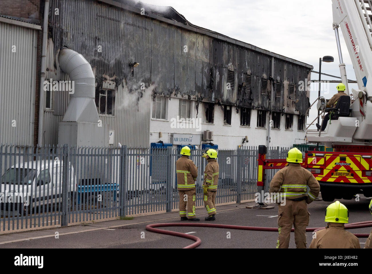 Southend on sea, Essex, UK. 16th August 2017. Airport Fire. A large fire has broken out at the Air Livery hangar based at London Southend Airport at around 11:00 AM Fire crews were quick to respond to the incident. Credit: Darren Attersley/Alamy Live News Stock Photo
