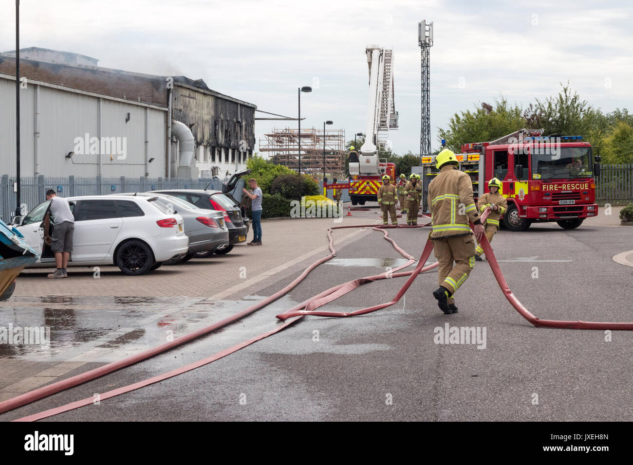 Southend on sea, Essex - Southend - 16 Aug 2017. Airport Fire. A large fire has broken out at the Air Livery hangar based at London Southend Airport at around 11:00 AM Fire crews were quick to respond to the incident. Stock Photo