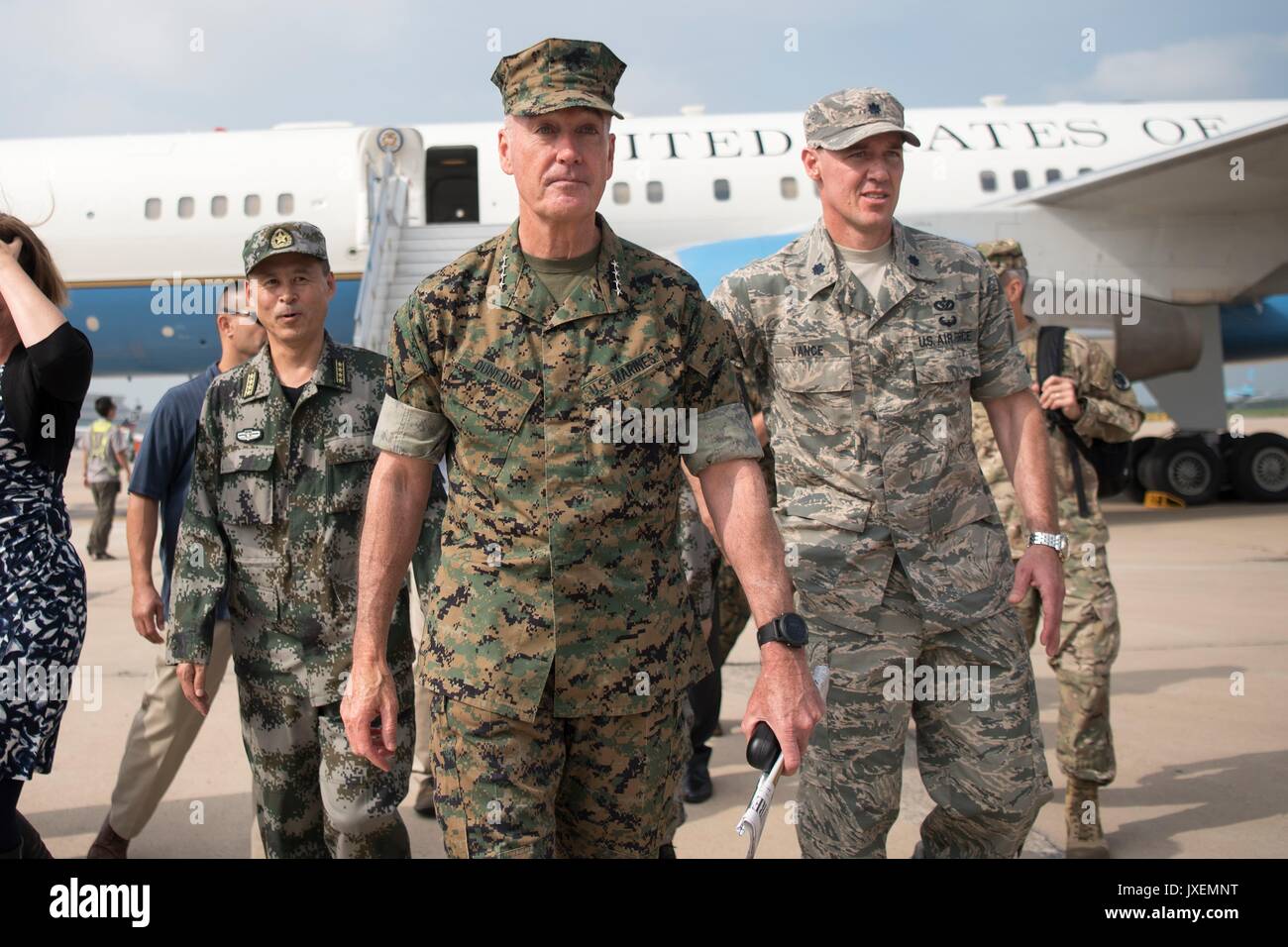 Shenyang, China. 16th Aug, 2017. U.S. Chairman of the Joint Chiefs Gen. Joseph Dunford, center, arrives to visit the Chinese Northern Theater Command Army Force Haichung Camp August 16, 2017 in Shenyang, China. Dunford told Chinese leaders that the U.S. hoped diplomatic and economic pressure would convince North Korea to end its nuclear program, but that it was also preparing military options. Credit: Planetpix/Alamy Live News Stock Photo