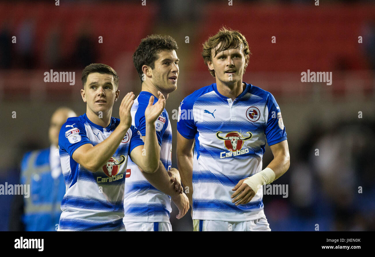 Reading, UK. 15th Aug, 2017. (l-r) Liam Kelly, Pelle Clement & John Swift of Reading at full time during the Sky Bet Championship match between Reading and Aston Villa at the Madejski Stadium, Reading, England on 15 August 2017. Photo by Andy Rowland/PRiME Media Images. **EDITORIAL USE ONLY FA Premier League and Football League are subject to DataCo Licence. Credit: Andrew Rowland/Alamy Live News Stock Photo