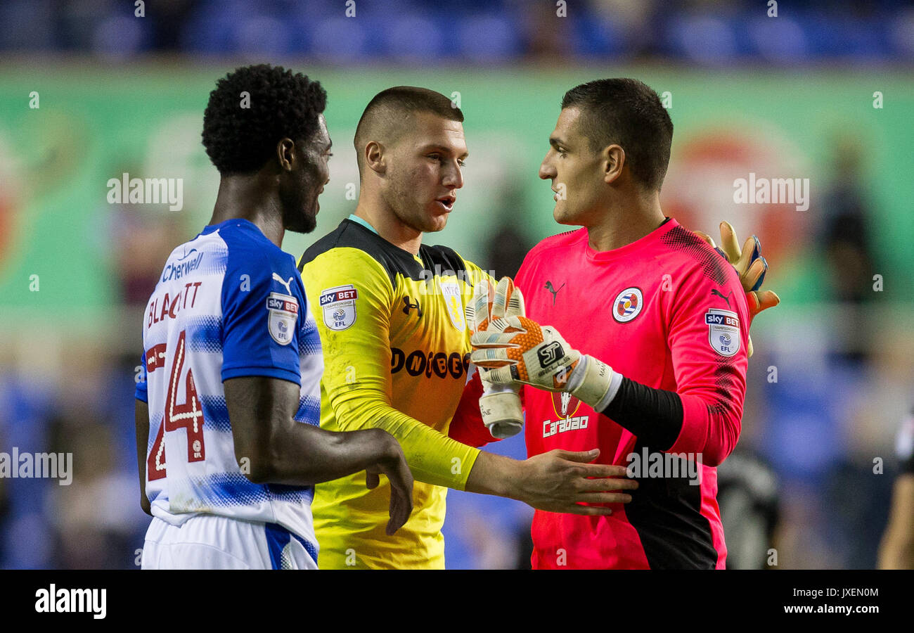 Reading, UK. 15th Aug, 2017. Goalkeeper Sam Johnstone (on loan for Manchester United) of Aston Villa shakes with opposite number Goalkeeper Vito Mannone of Reading at full time during the Sky Bet Championship match between Reading and Aston Villa at the Madejski Stadium, Reading, England on 15 August 2017. Photo by Andy Rowland/PRiME Media Images. **EDITORIAL USE ONLY FA Premier League and Football League are subject to DataCo Licence. Credit: Andrew Rowland/Alamy Live News Stock Photo
