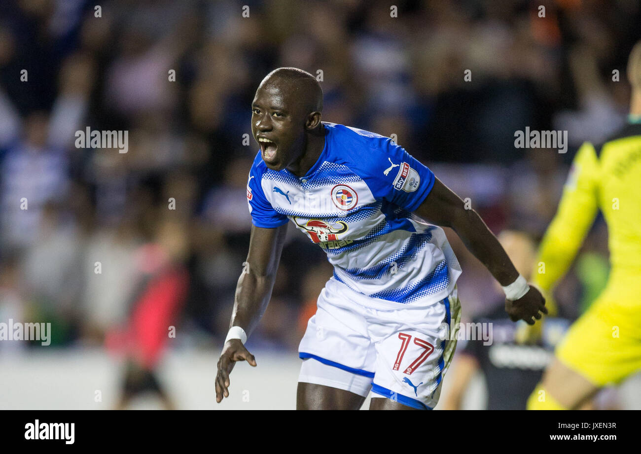 Reading, UK. 15th Aug, 2017. Modou Barrow of Reading turns to celebrate scoring his first goal for the club making it 2 0 during the Sky Bet Championship match between Reading and Aston Villa at the Madejski Stadium, Reading, England on 15 August 2017. Photo by Andy Rowland/PRiME Media Images. **EDITORIAL USE ONLY FA Premier League and Football League are subject to DataCo Licence. Credit: Andrew Rowland/Alamy Live News Stock Photo