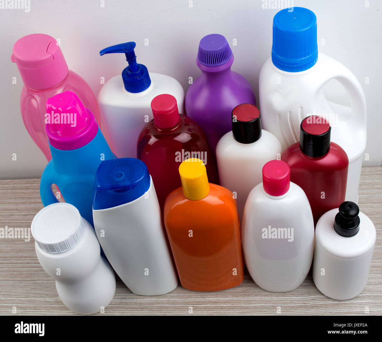 Assortment of plastic bottles on white. Stock Photo