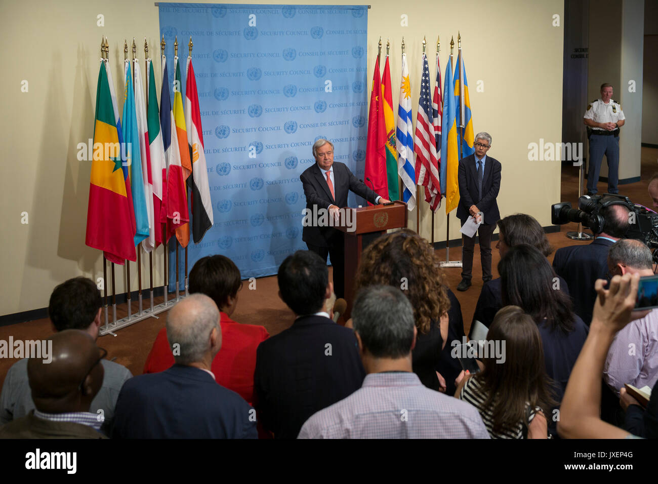 United Nations. 16th Aug, 2017. United Nations Secretary-General Antonio Guterres (C) speaks to the press during a media encounter at the UN headquarters in New York, Aug. 16, 2017. UN Secretary-General Antonio Guterres said Wednesday that the Democratic People's Republic of Korea (DPRK) should "fully comply with international obligations" and "engage in a credible and meaningful dialogue" in order to defuse tensions on the Korean Peninsula. Credit: Li Muzi/Xinhua/Alamy Live News Stock Photo
