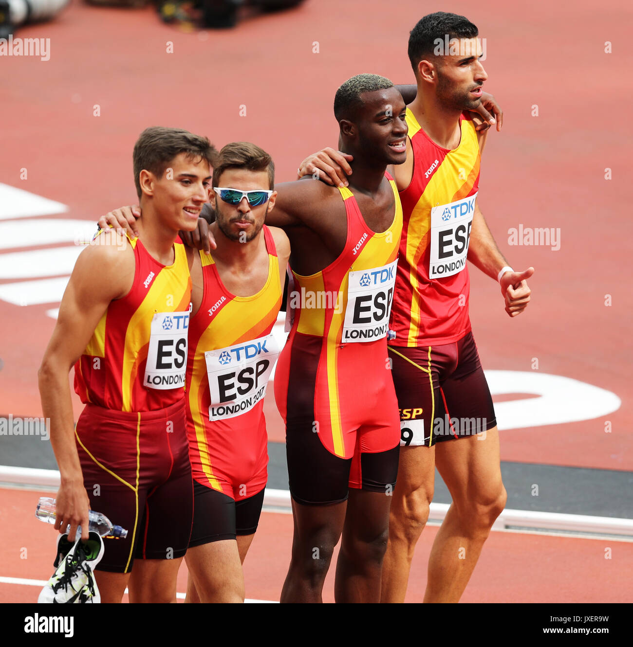Óscar HUSILLOS, Lucas BÚA, Darwin ECHEVERRY, Samuel GARCÍA (Spain) after running in the Men's 4 x 400m Heat 1 at the 2017 IAAF World Championships, Queen Elizabeth Olympic Park, Stratford, London, UK. Stock Photo