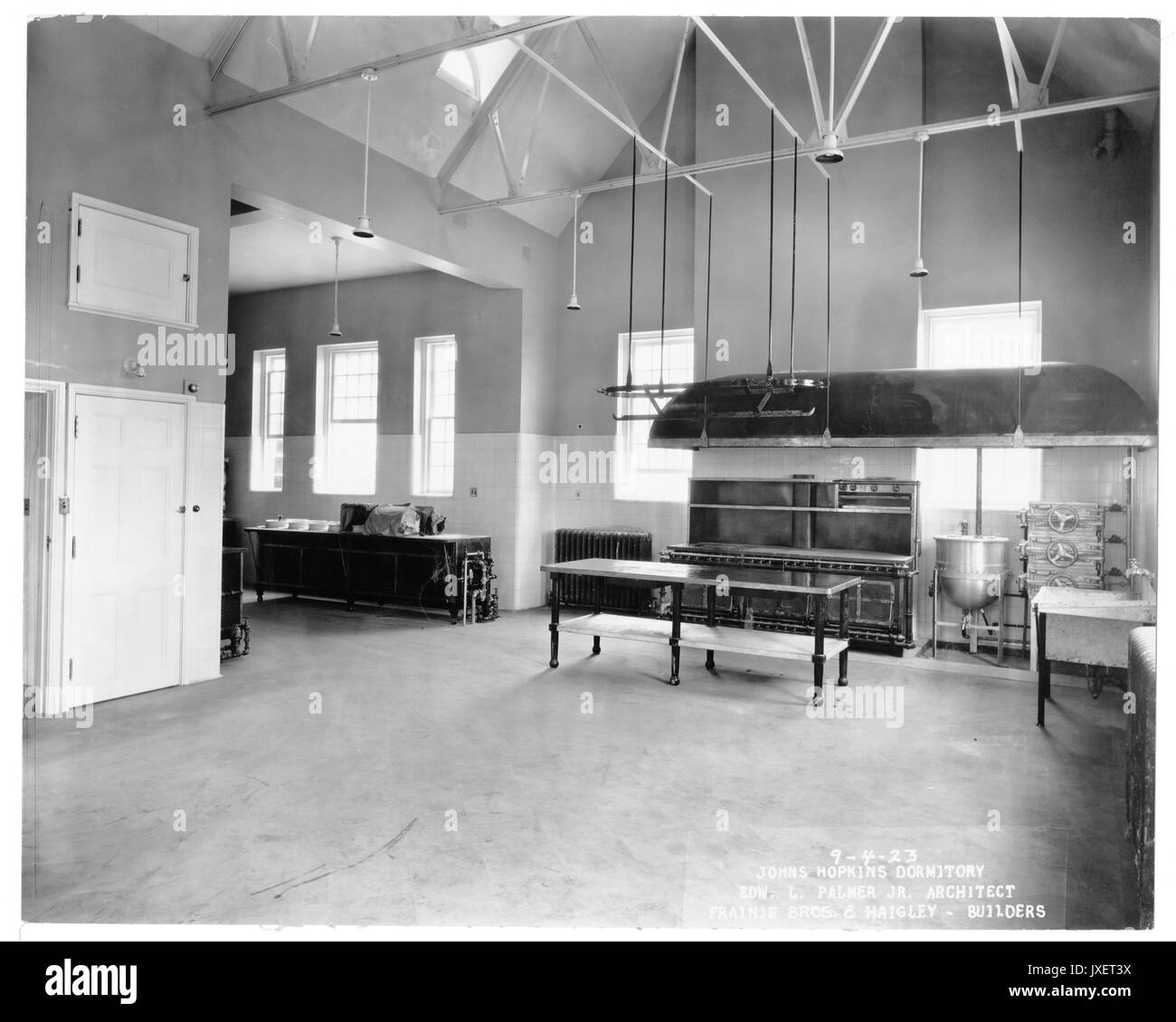 Alumni Memorial Residences Interior of the AMR, Kitchen, Construction work completed, and culinary equipment has been placed in the room, 1923. Stock Photo