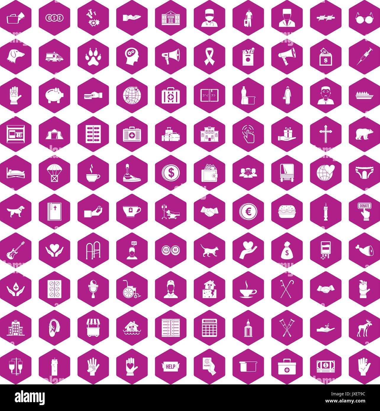 100 donation icons hexagon violet Stock Vector
