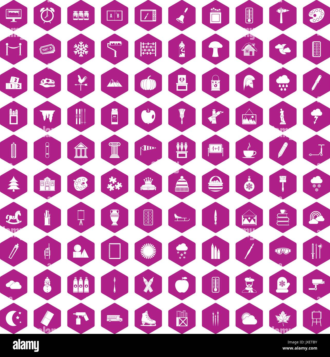 100 drawing icons hexagon violet Stock Vector