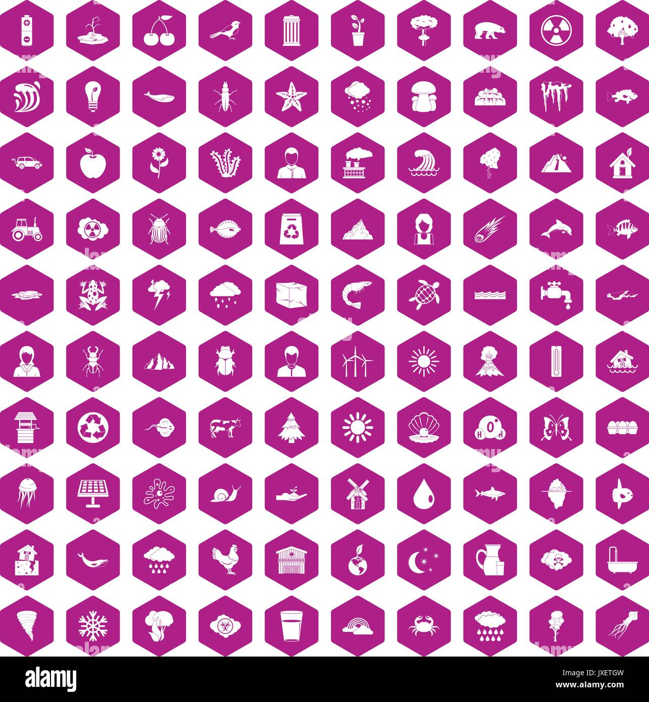 100 earth icons hexagon violet Stock Vector
