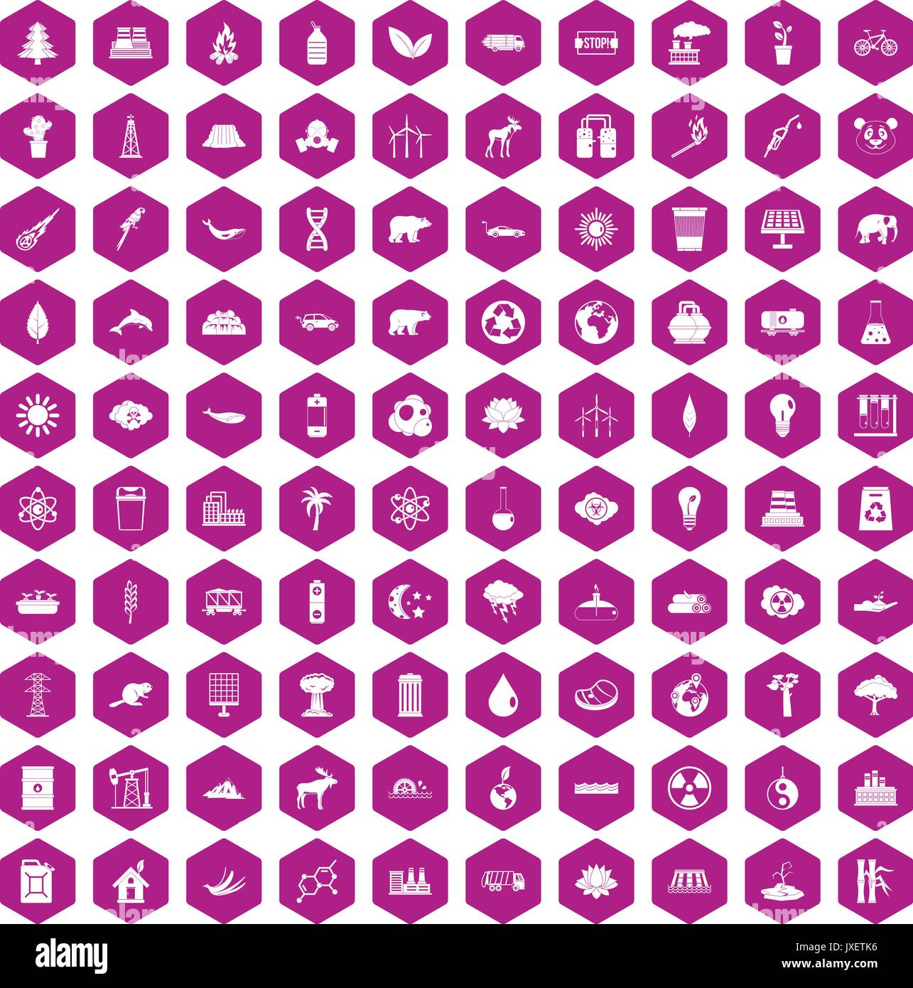 100 eco icons hexagon violet Stock Vector