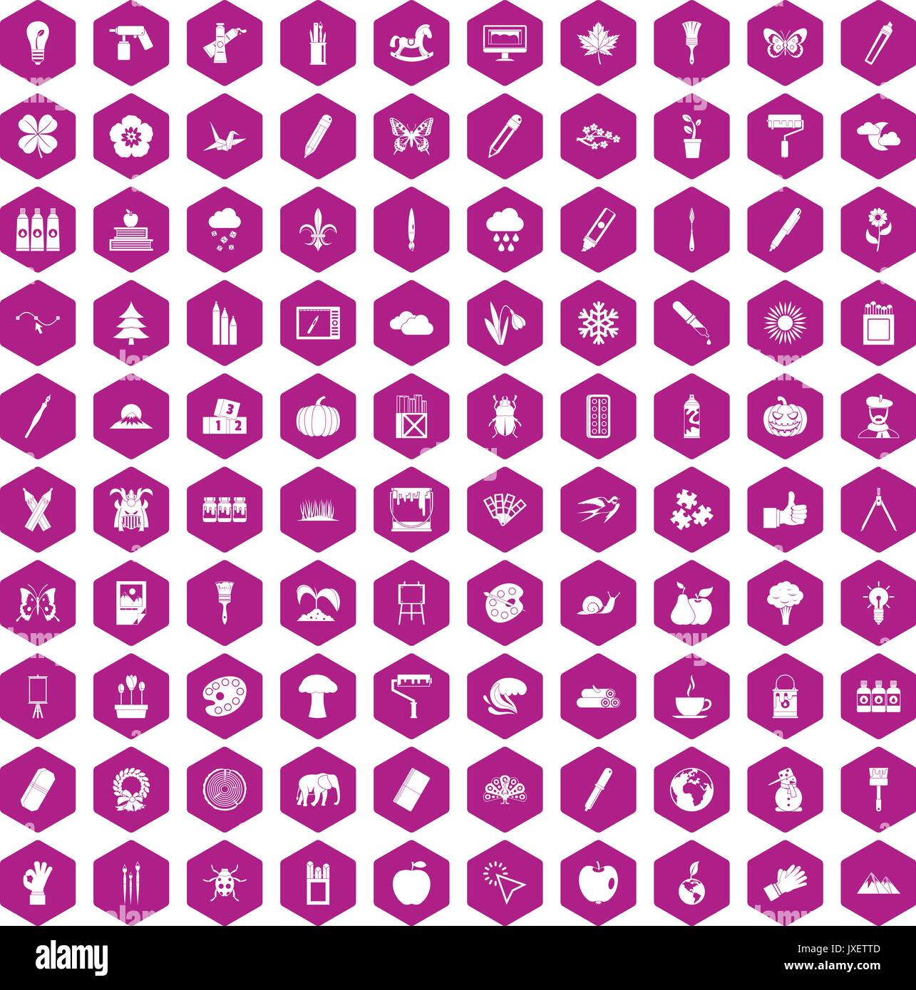 100 eco design icons hexagon violet Stock Vector