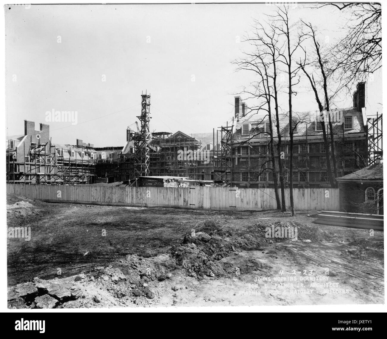 Alumni Memorial Residences AMR construction site looking east, Tiles and glass in place for most of building, 1923. Stock Photo