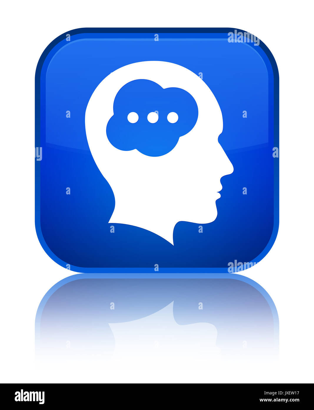 Brain head icon isolated on special blue square button reflected ...