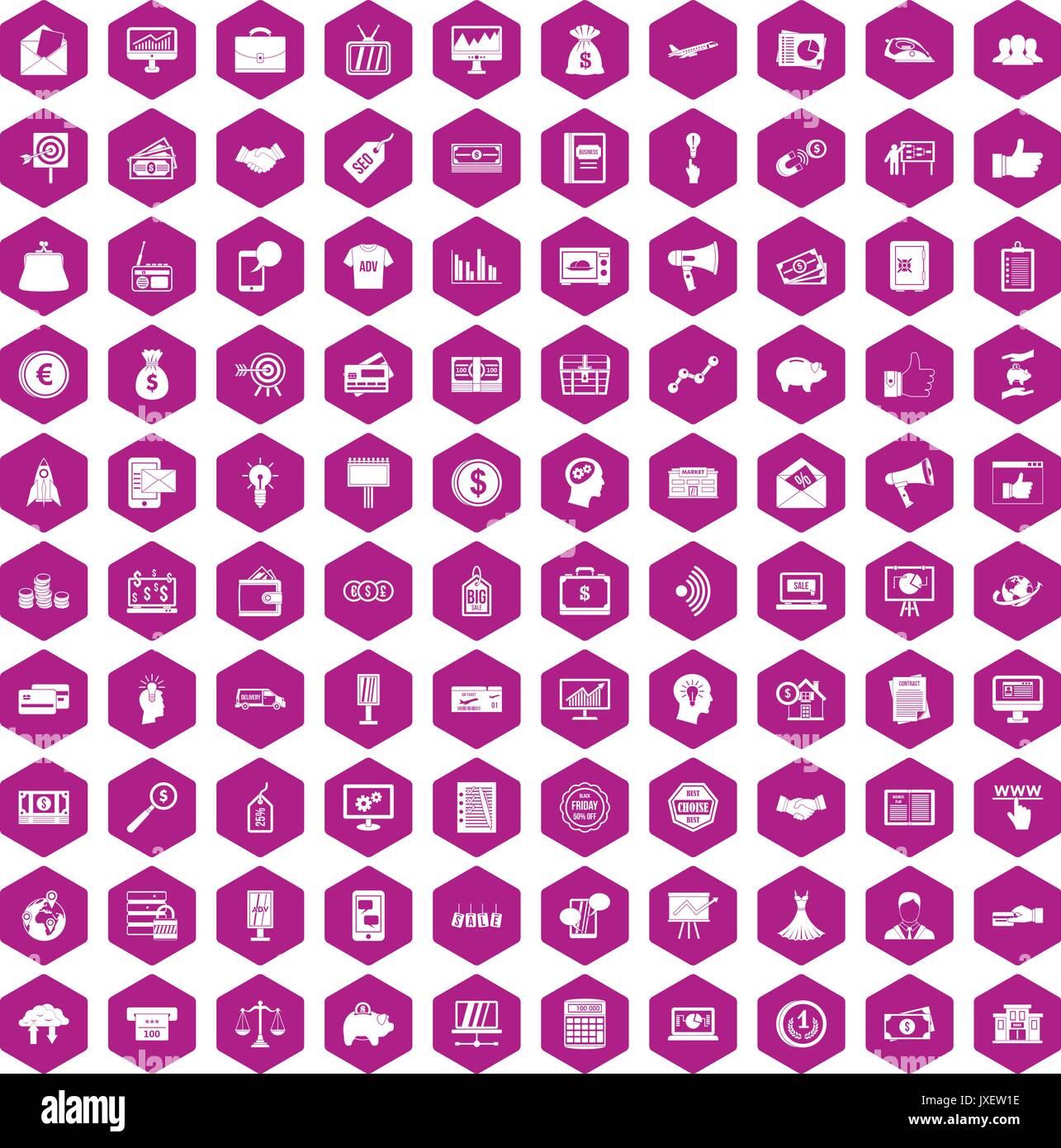 100 e-commerce icons hexagon violet Stock Vector