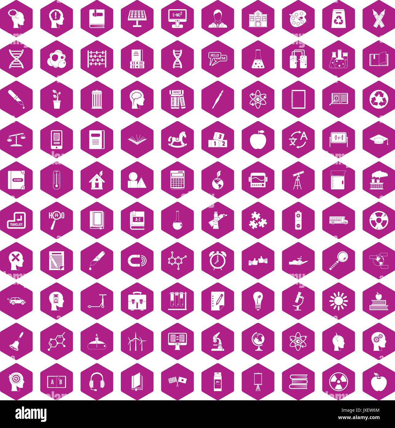 100 education icons hexagon violet Stock Vector