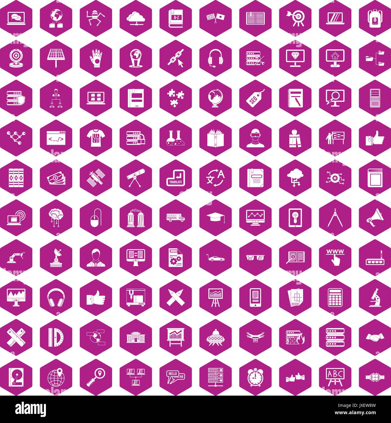 100 education technology icons hexagon violet Stock Vector