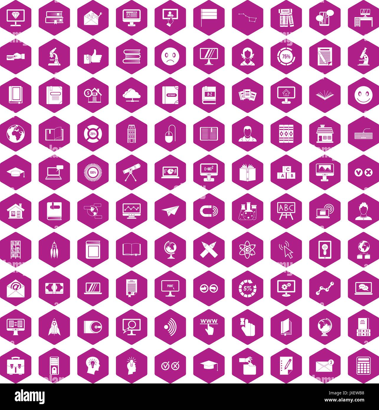 100 e-learning icons hexagon violet Stock Vector