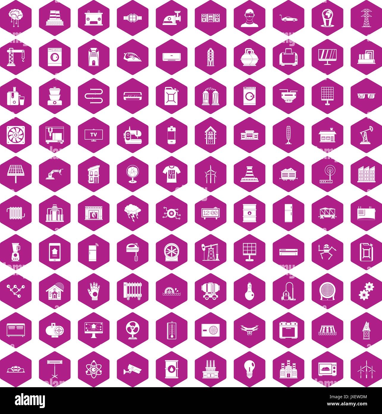 100 electrical engineering icons hexagon violet Stock Vector