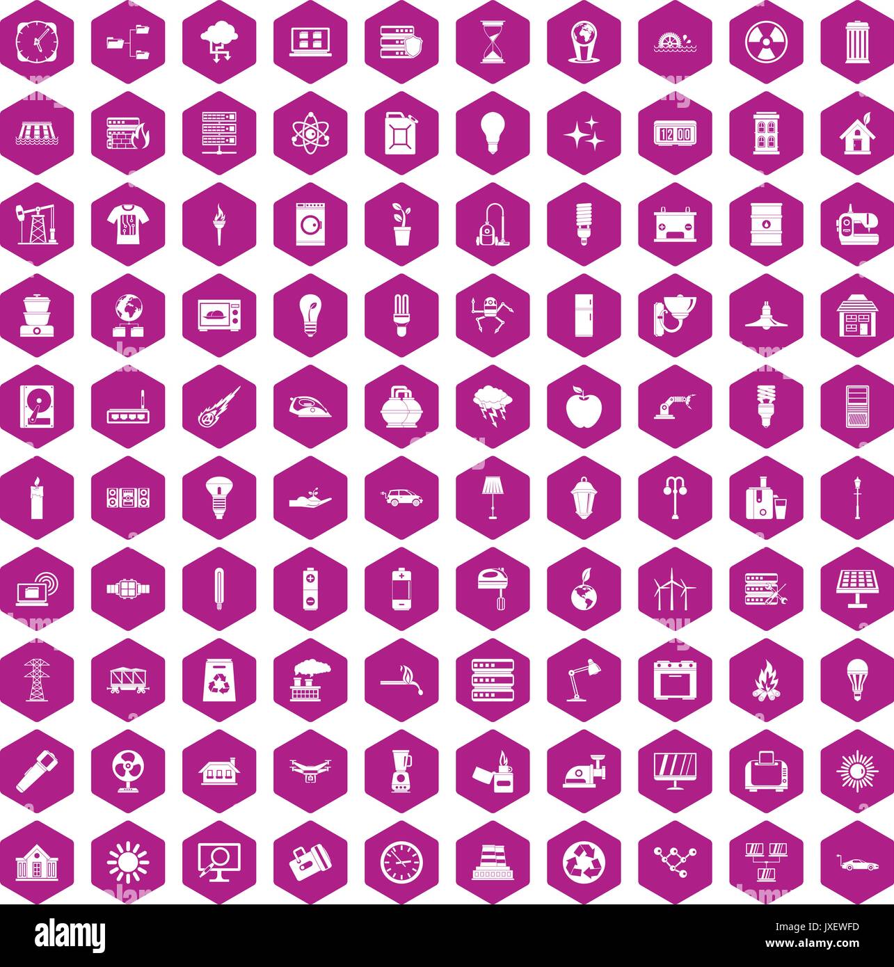 100 electricity icons hexagon violet Stock Vector