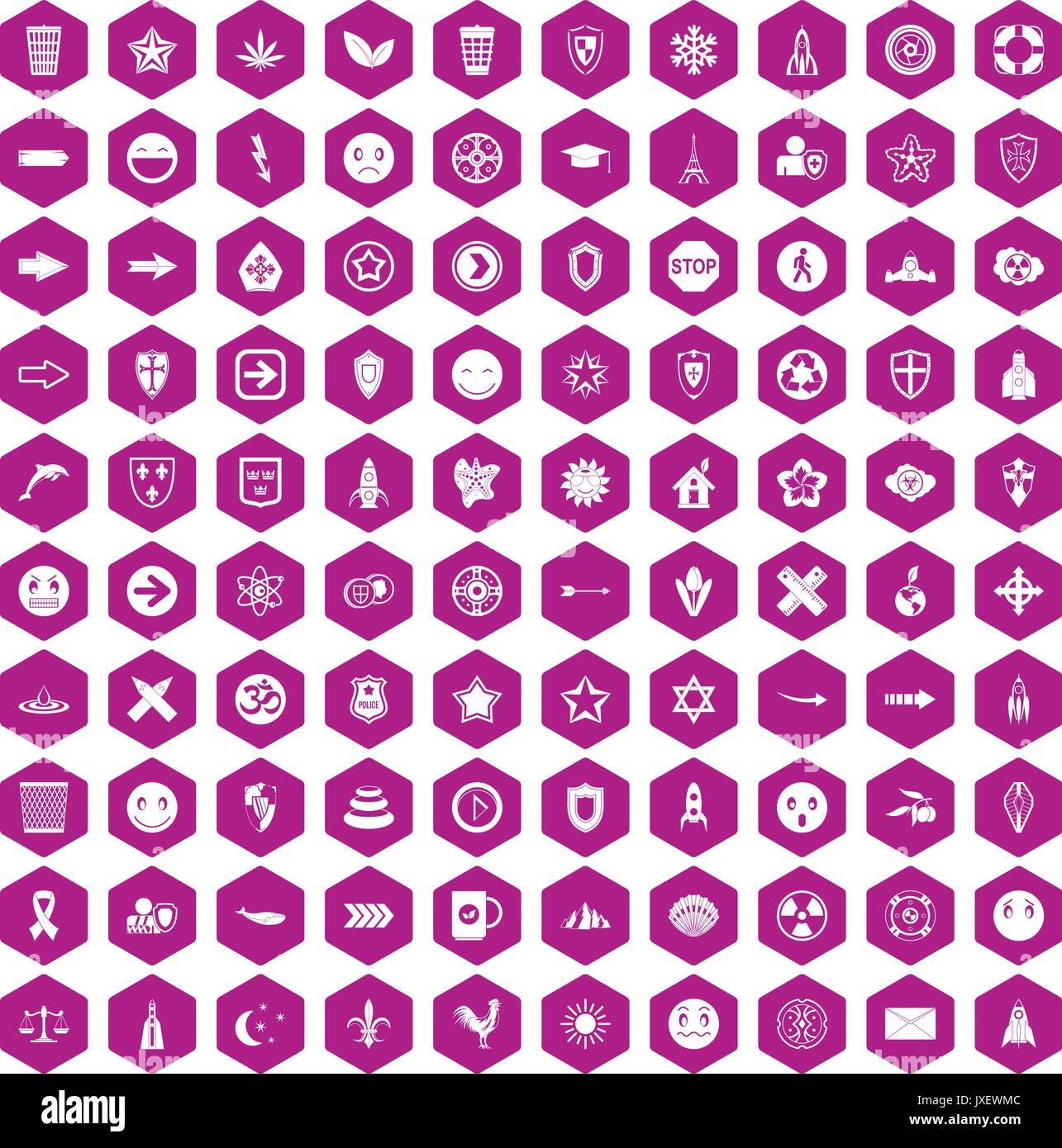 100 emblem icons hexagon violet Stock Vector