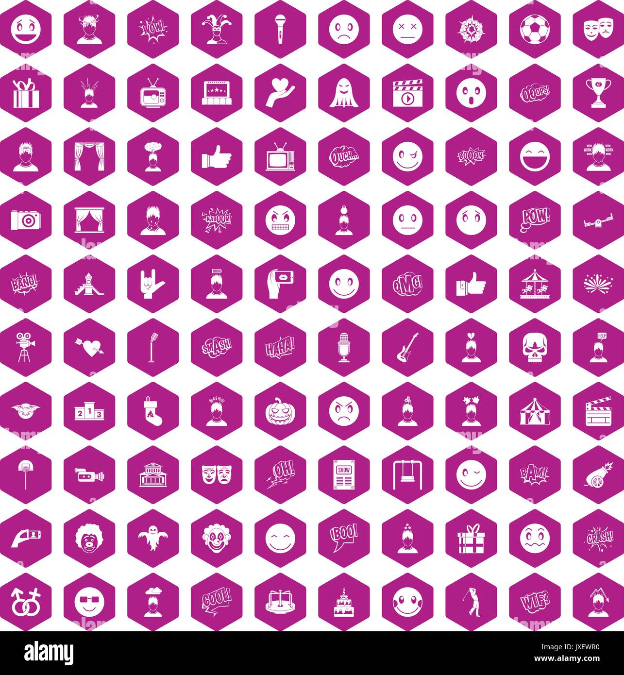 100 emotion icons hexagon violet Stock Vector