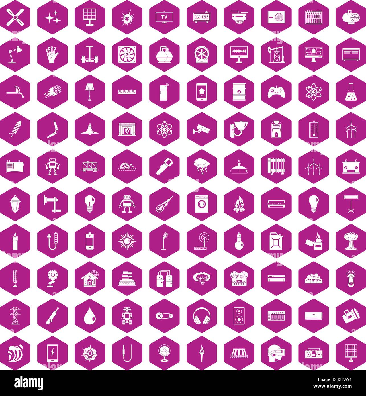 100 energy icons hexagon violet Stock Vector