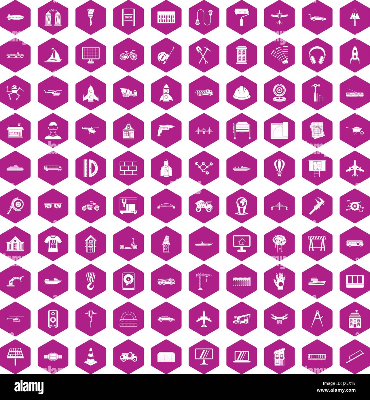 100 engineering icons hexagon violet Stock Vector