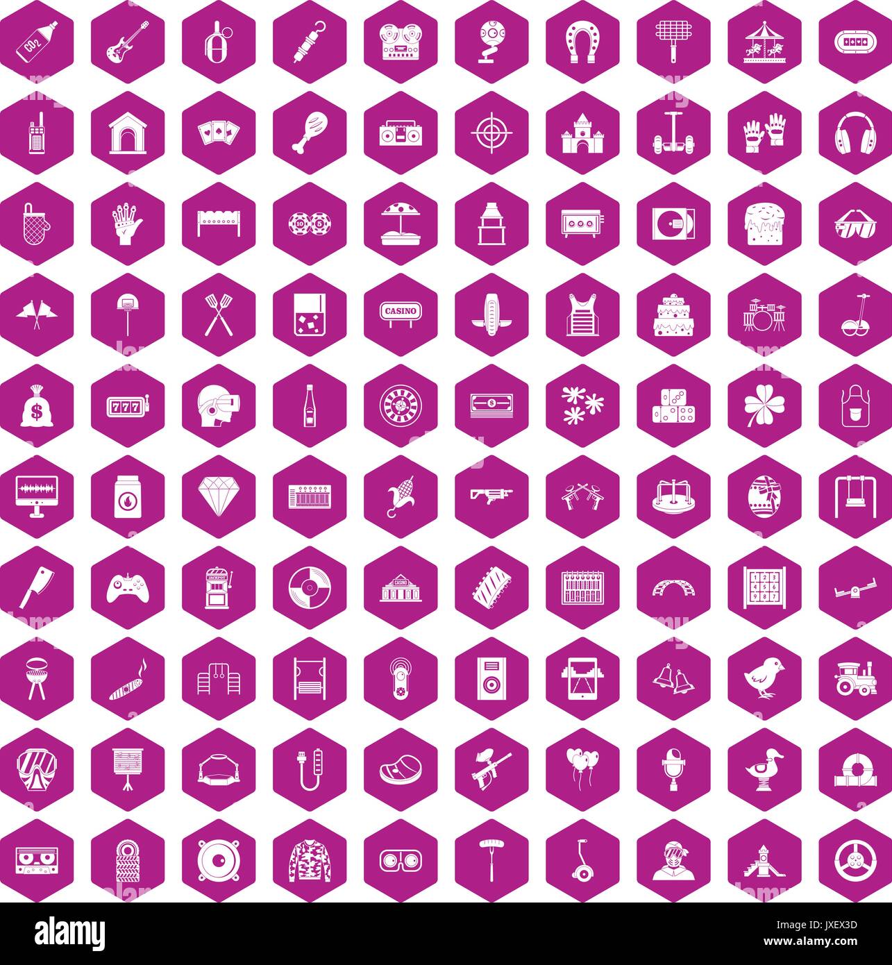 100 entertainment icons hexagon violet Stock Vector