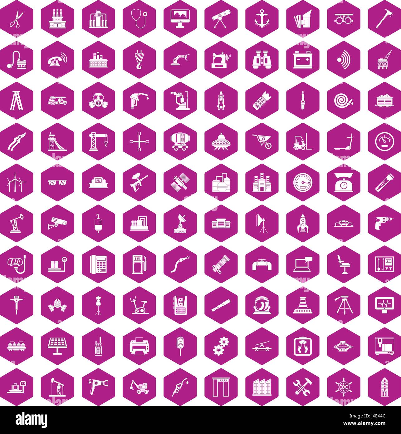 100 equipment icons hexagon violet Stock Vector
