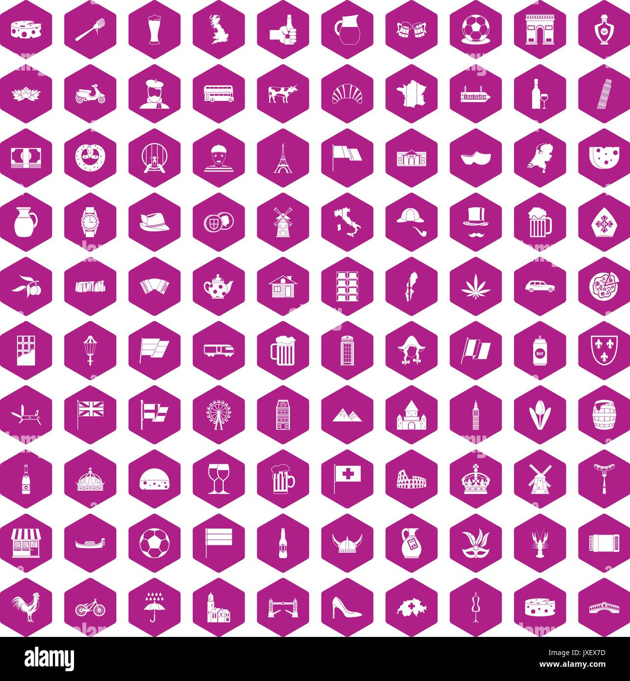 100 europe countries icons hexagon violet Stock Vector