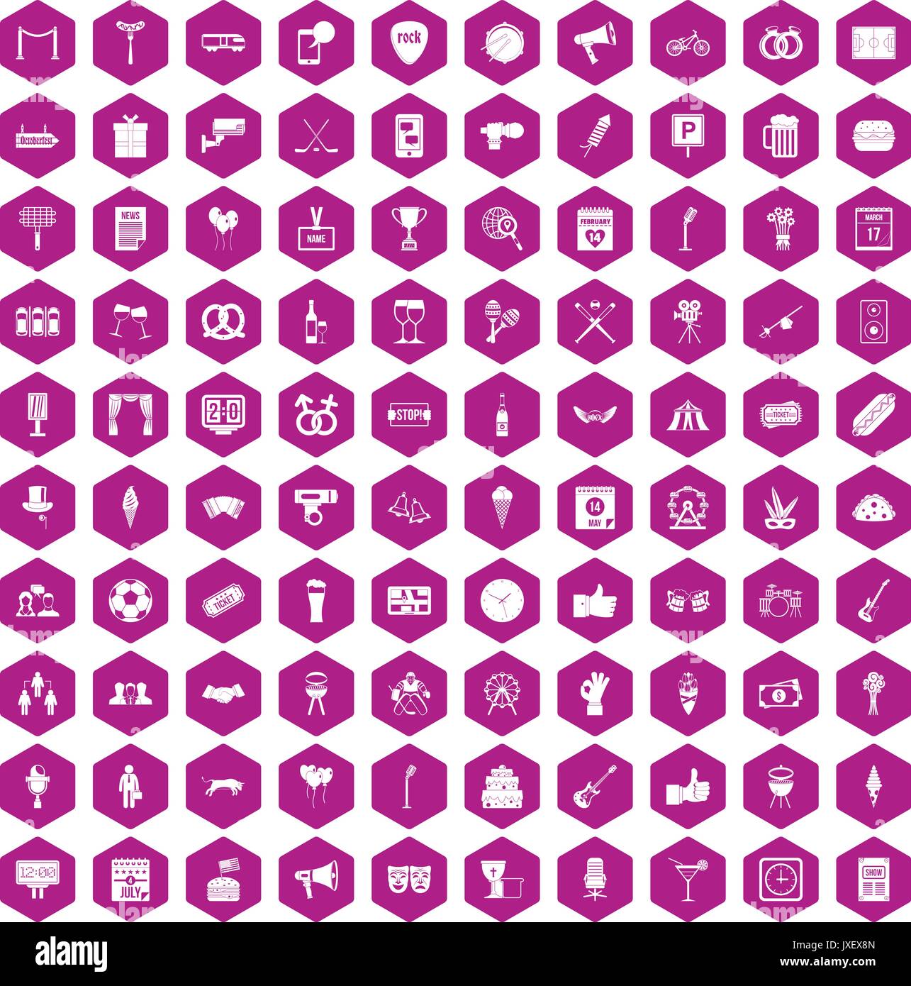 100 events icons hexagon violet Stock Vector