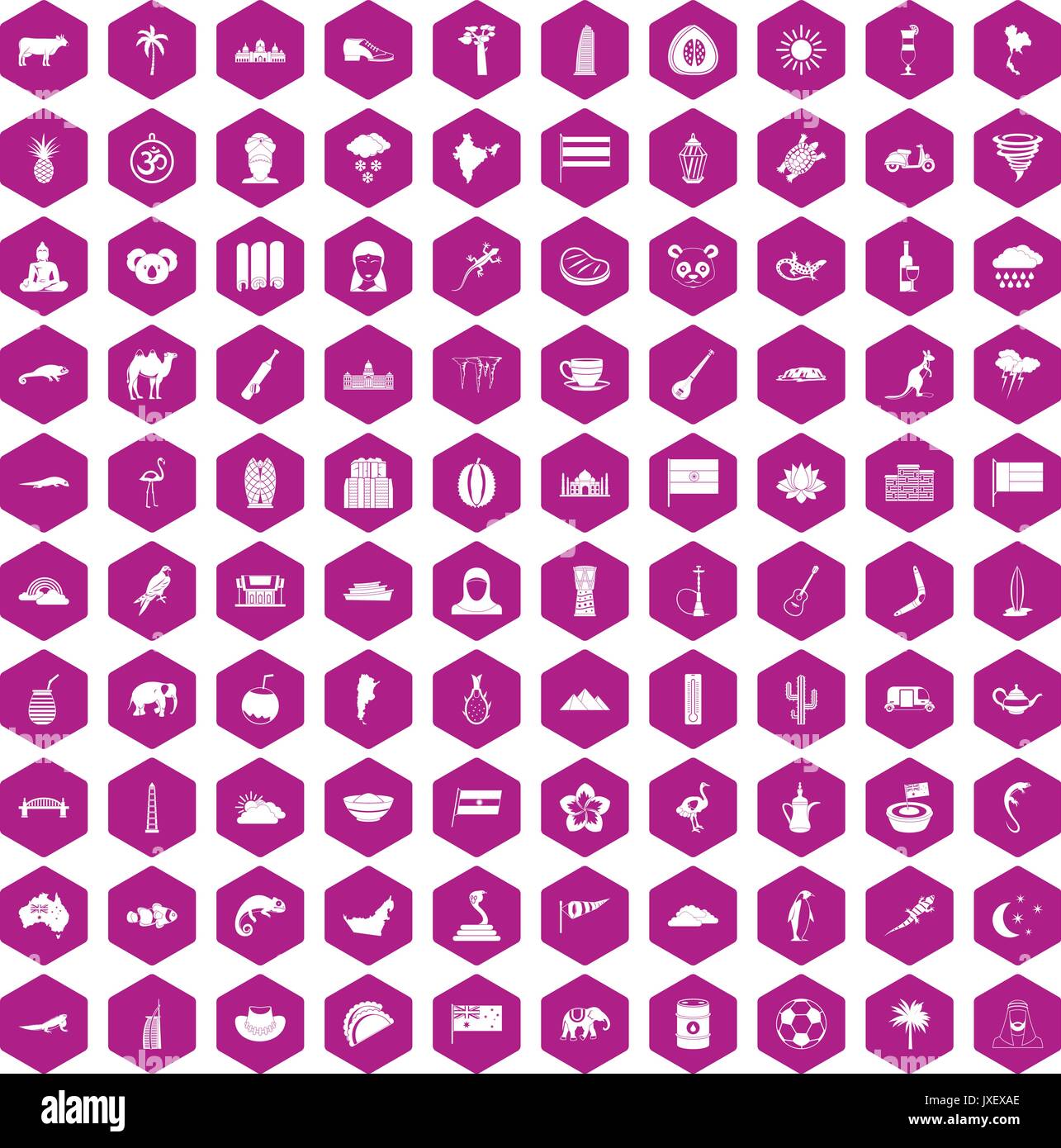 100 exotic animals icons hexagon violet Stock Vector