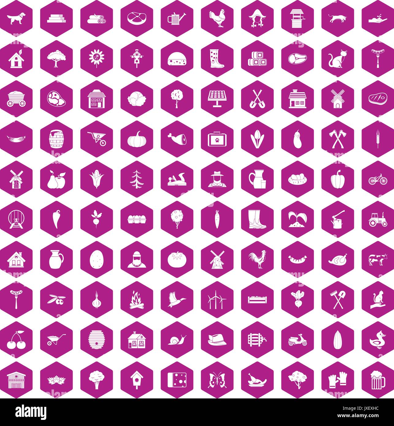100 farm icons hexagon violet Stock Vector