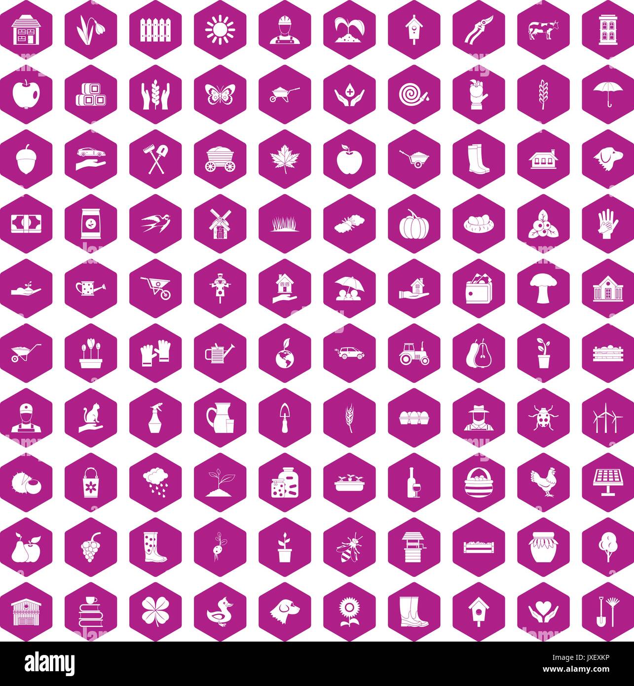 100 farm icons hexagon violet Stock Vector