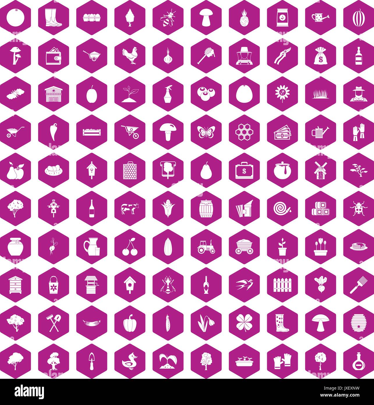 100 farming icons hexagon violet Stock Vector
