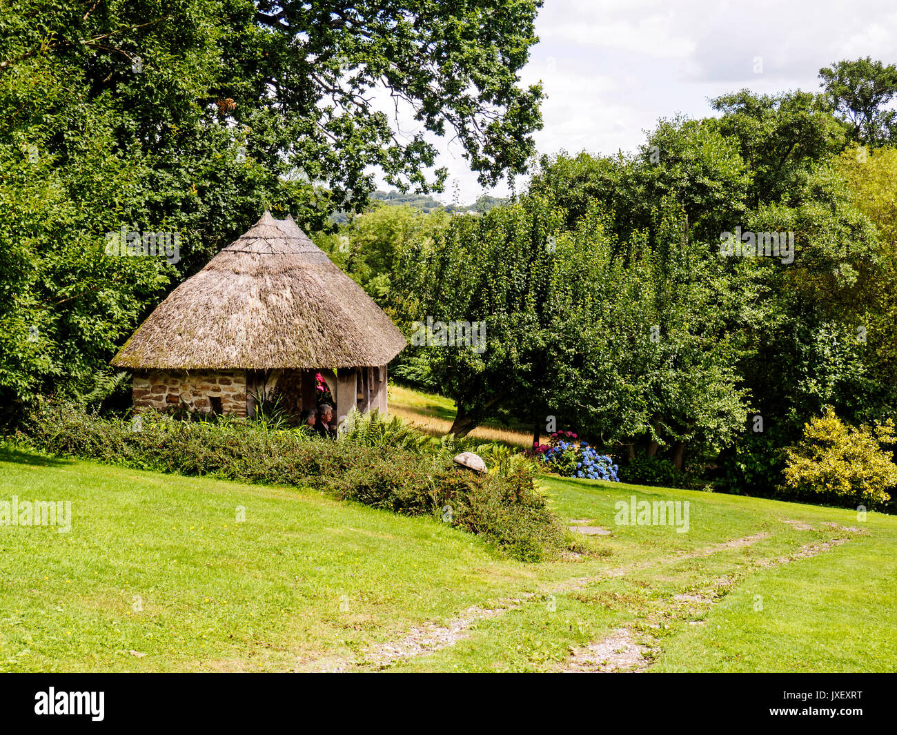 Summerhouse and lawn at Burrow Farm Gardens, Devon's Secret Garden at