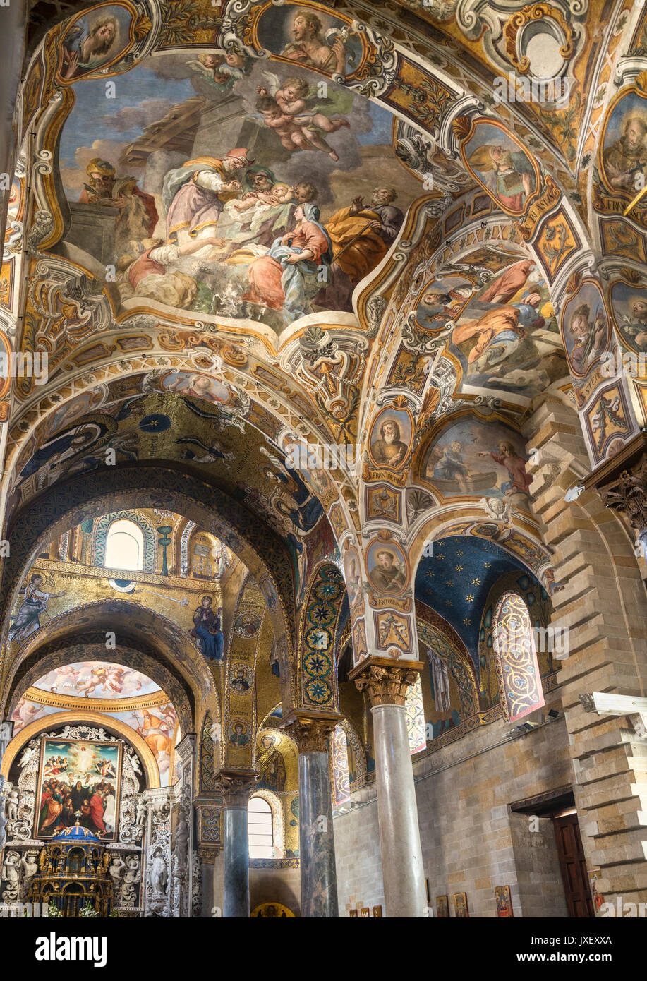 Interior view of Santa Maria dell' Ammiraglio, La Martorana, church in the Piazza Bellini, Central Palermo. Stock Photo