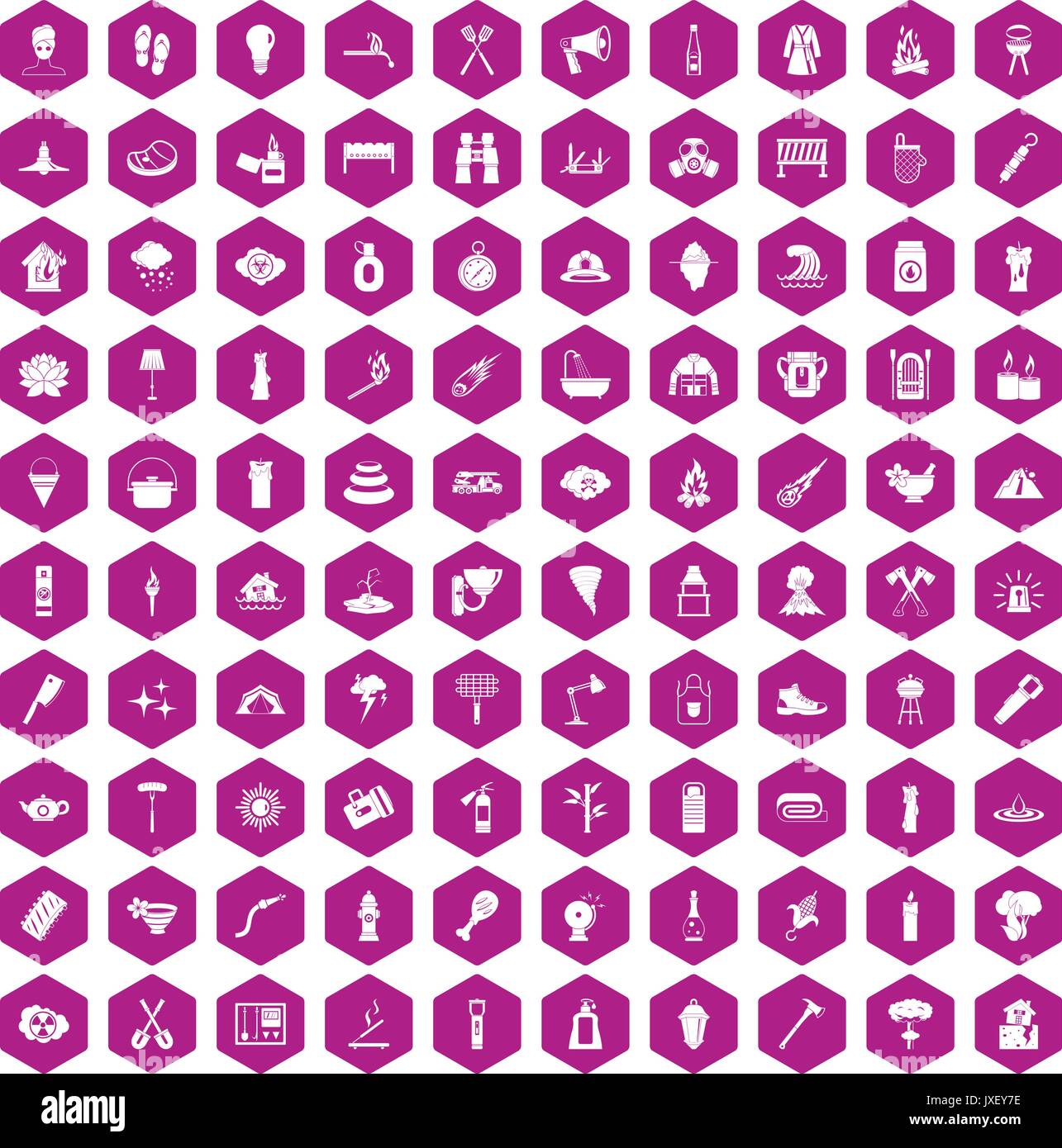100 fire icons hexagon violet Stock Vector