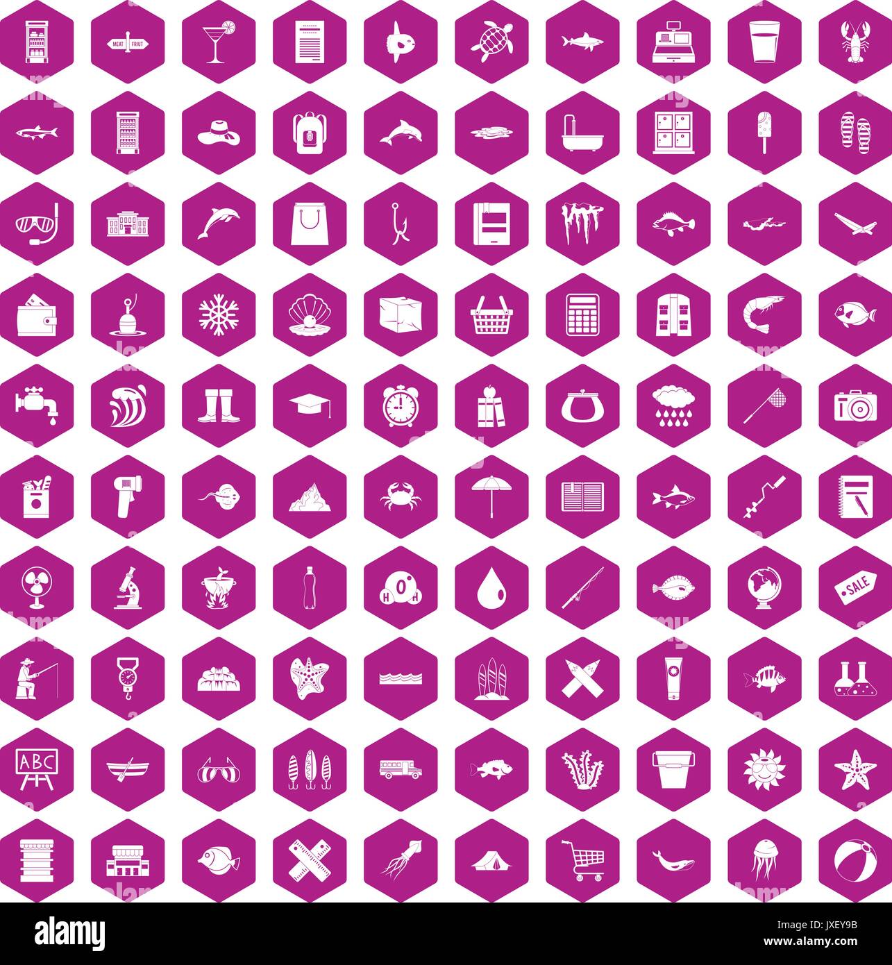 100 fish icons hexagon violet Stock Vector