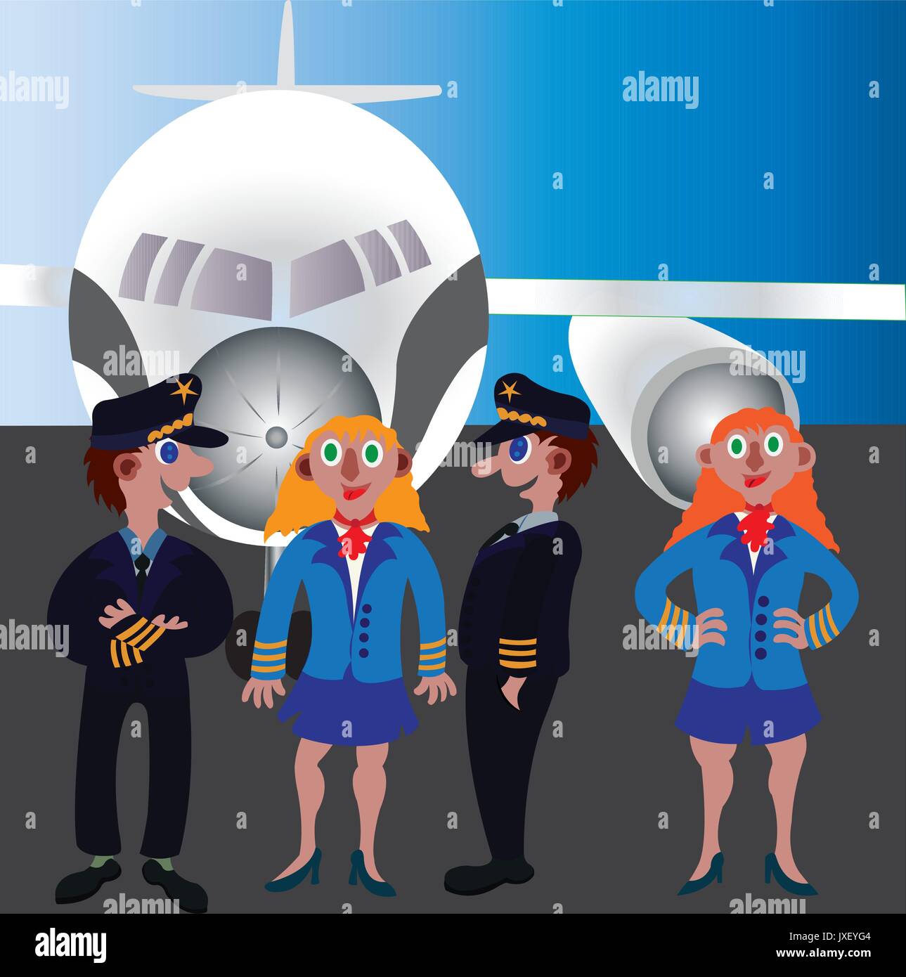 Aircraft crew standing next to a passenger Plane in an Airport Stock Vector
