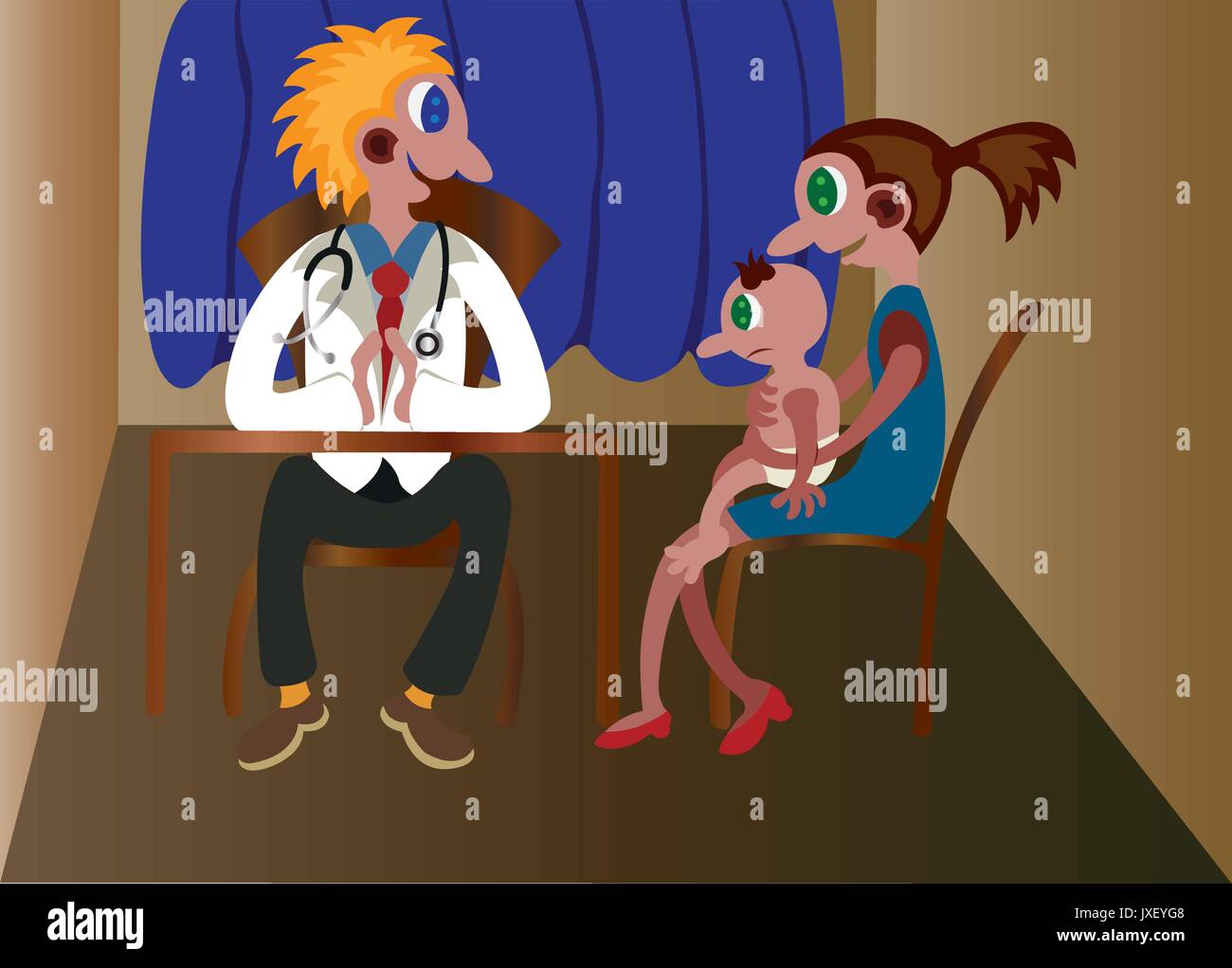A young mother visits the doctor with her baby for check-up Stock Vector