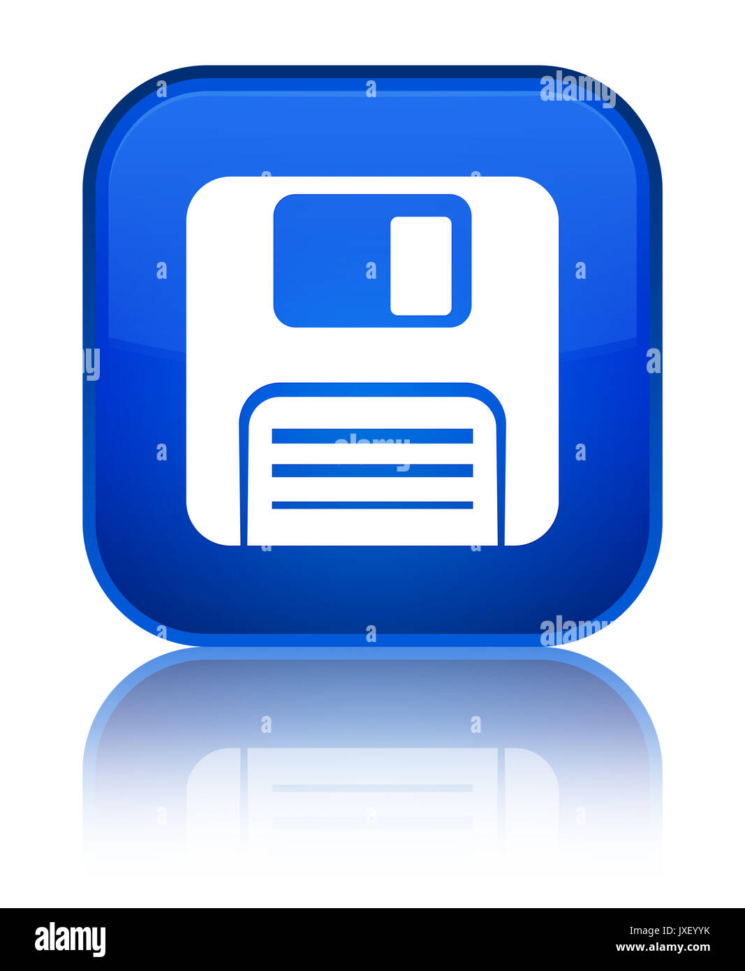 Floppy disk icon isolated on special blue square button reflected ...